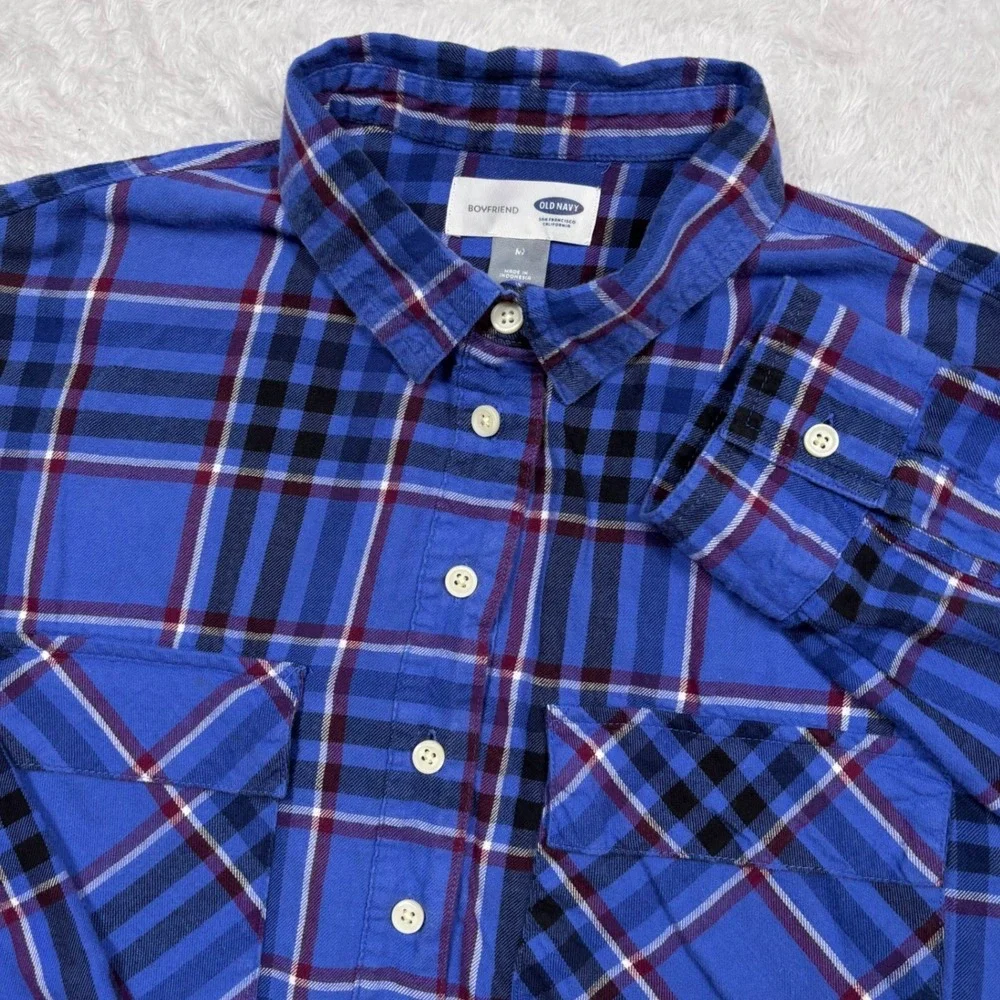 Old Navy Flannel Popover Shirt Womens M Blue Plaid Boyfriend Long Sleeve‎ 755008